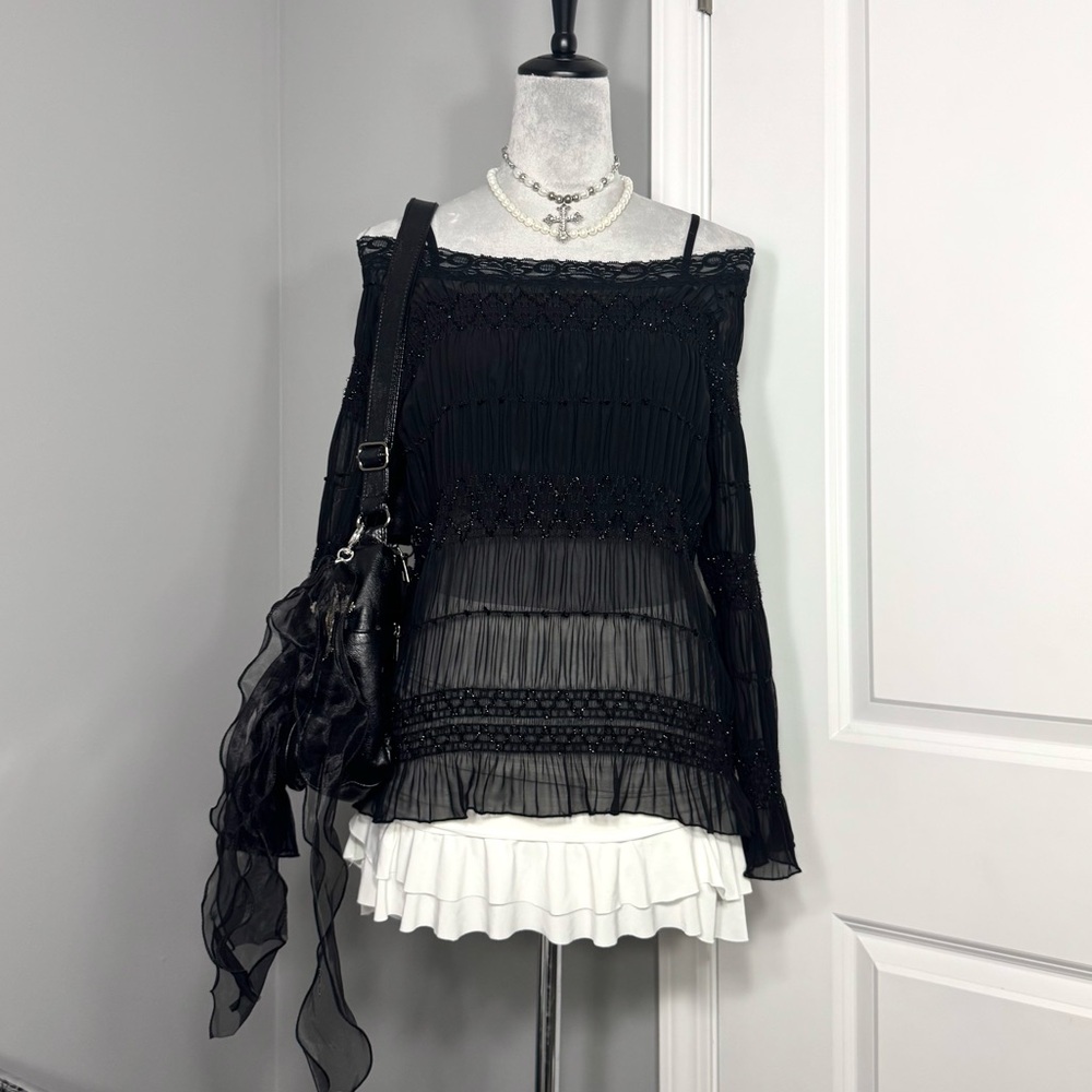 Vintage Selene Sport Black Chiffon Shirred Off The Shoulder Lace Blouse
